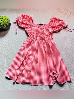 🍒Cottagecore Gingham Puff Sleeve Babydoll Dress Saint Red White Charming size L